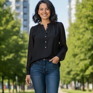 Aritzia Wilfred  Blouse 3/4 Length Sleeve Black Button Front Collared Size XXS